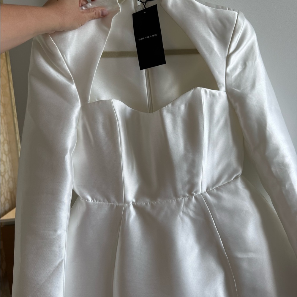 Eliya the Label || Elegant White Long-Sleeve Satin Dress with Structured Bodice